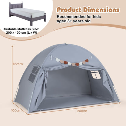 Foldable and Portable Canopy Tent on Twin Bunk Bed with 2 Windows-Grey