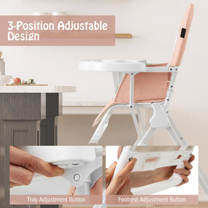 Foldable Baby High Chair with Removable Adjustable Tray-Pink