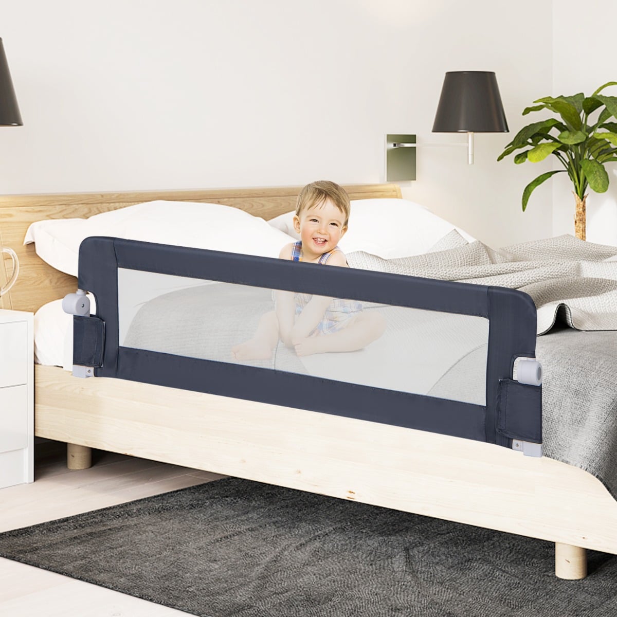 Foldable Bed Rail with Adjustable Safety Strap for Toddlers-Grey