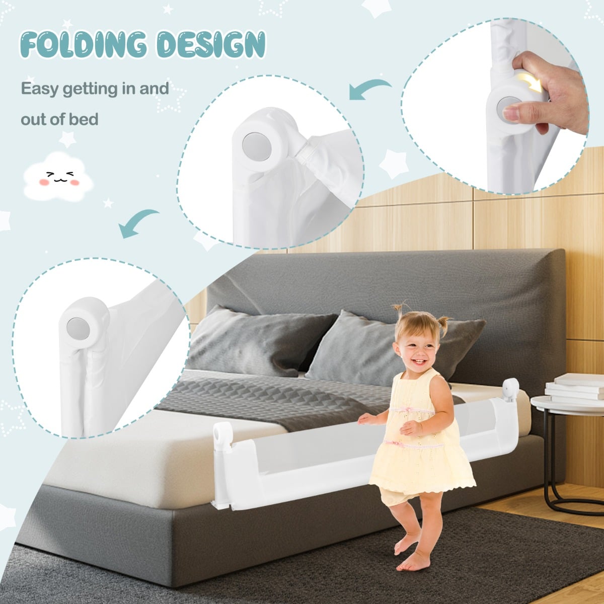 Foldable Bed Rail with Adjustable Safety Strap for Toddlers-White