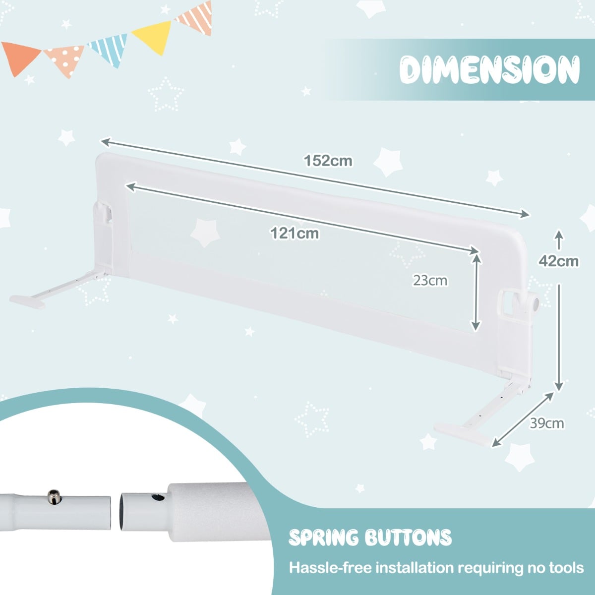 Foldable Bed Rail with Adjustable Safety Strap for Toddlers-White