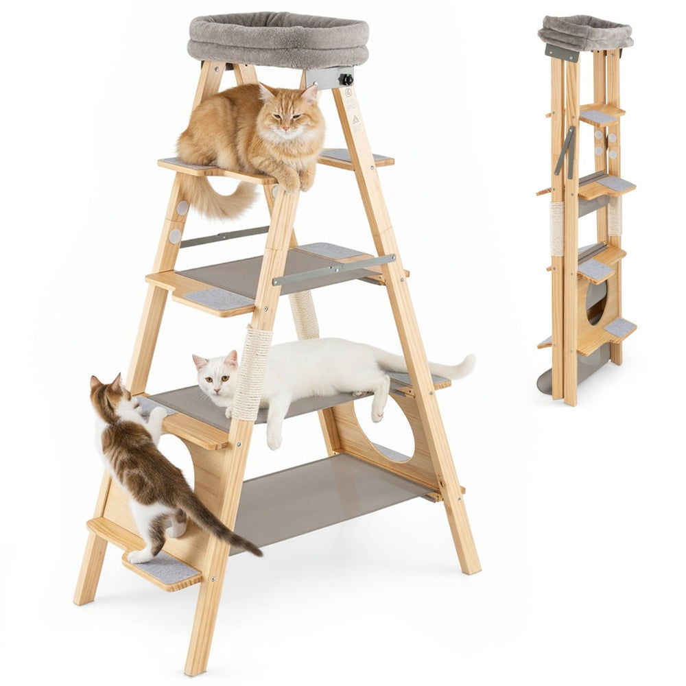 Foldable Cat Climbing Furniture with Ladder Design and Upholstered Top Perch-Grey