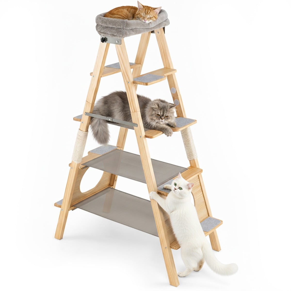 Foldable Cat Climbing Furniture with Ladder Design and Upholstered Top Perch-Grey