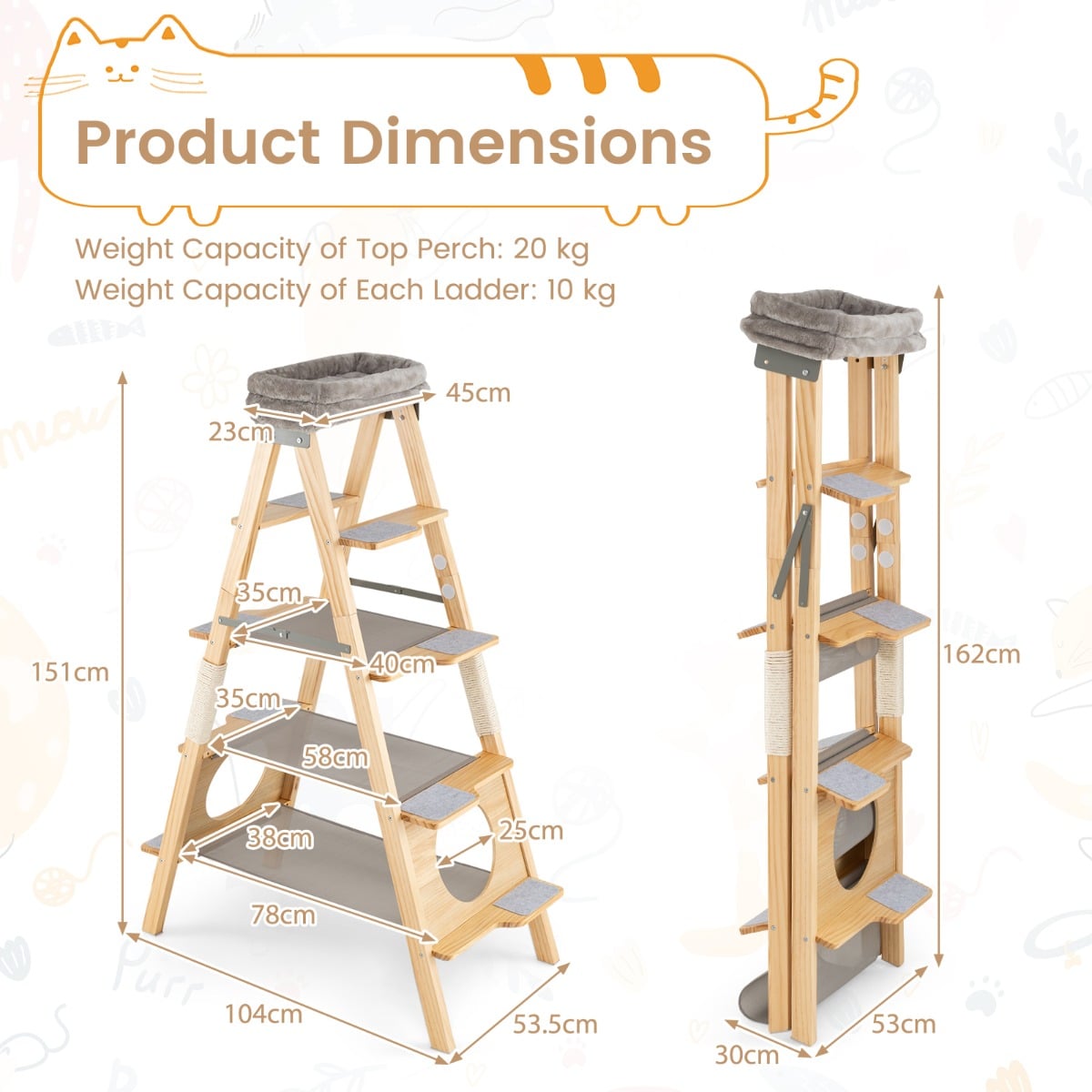 Foldable Cat Climbing Furniture with Ladder Design and Upholstered Top Perch-Grey