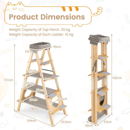 Foldable Cat Climbing Furniture with Ladder Design and Upholstered Top Perch-Grey