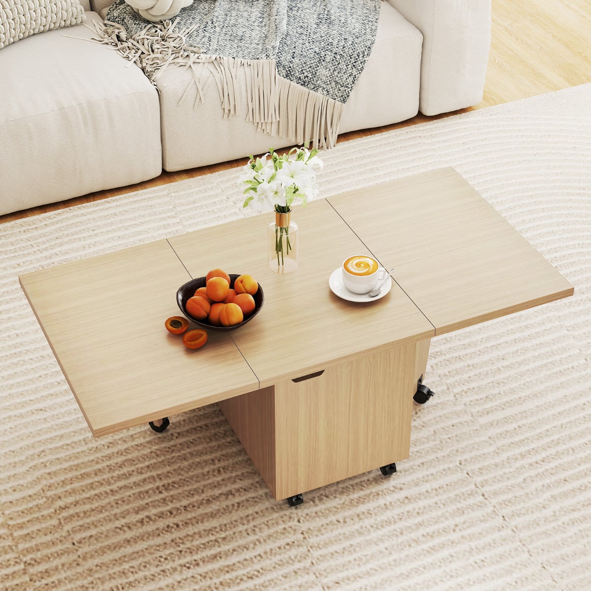120cm Extendable and Foldable Coffee Table with Storage Cabinet and Wheels-Oak