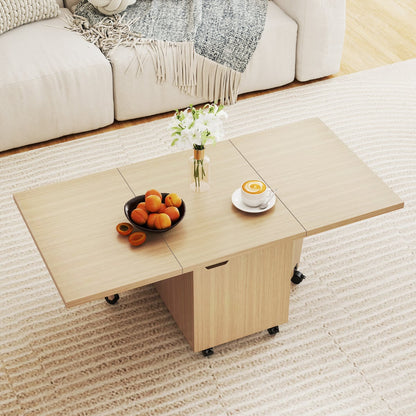 120cm Extendable and Foldable Coffee Table with Storage Cabinet and Wheels-Oak