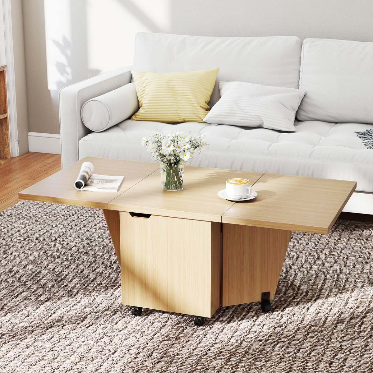 120cm Extendable and Foldable Coffee Table with Storage Cabinet and Wheels-Oak