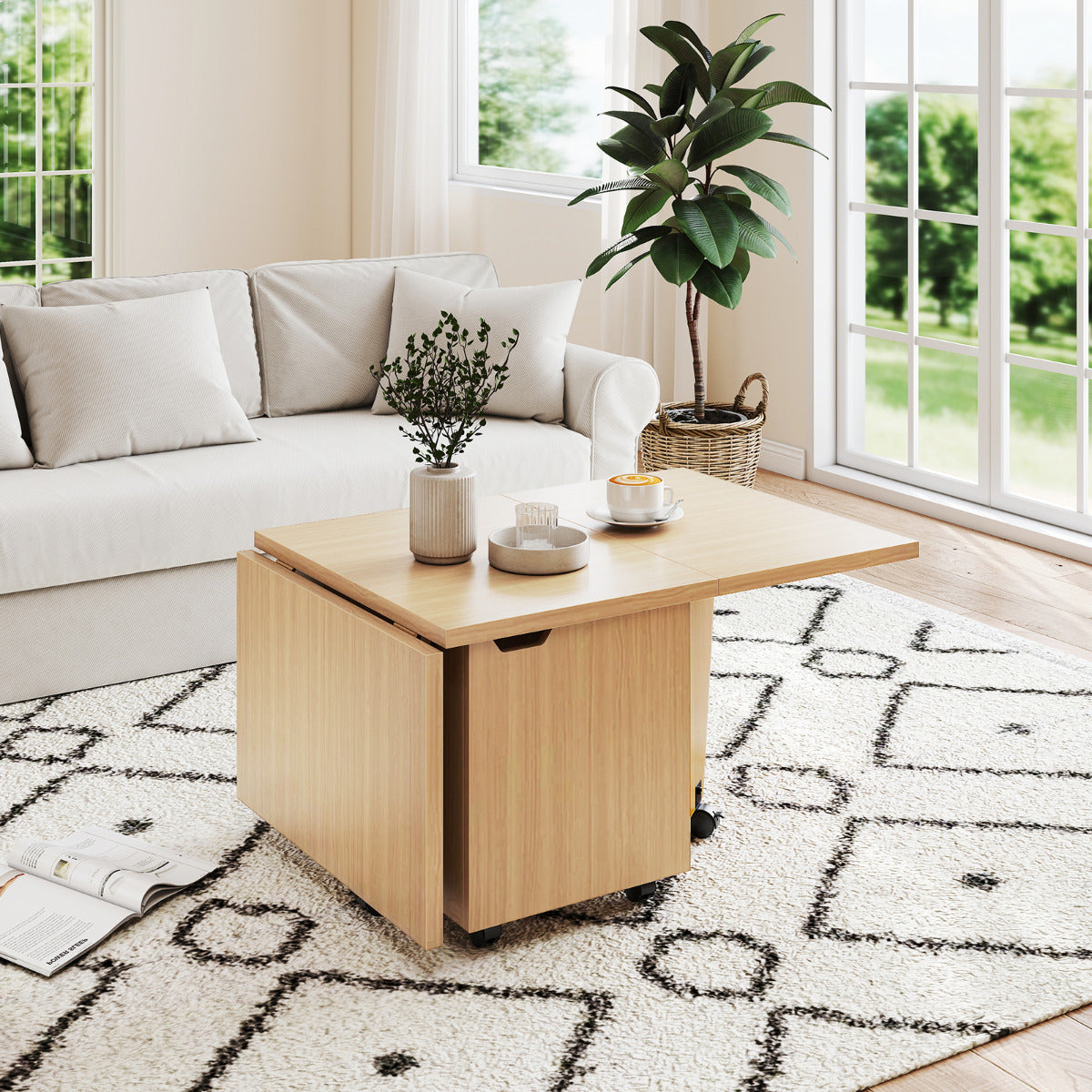 120cm Extendable and Foldable Coffee Table with Storage Cabinet and Wheels-Oak