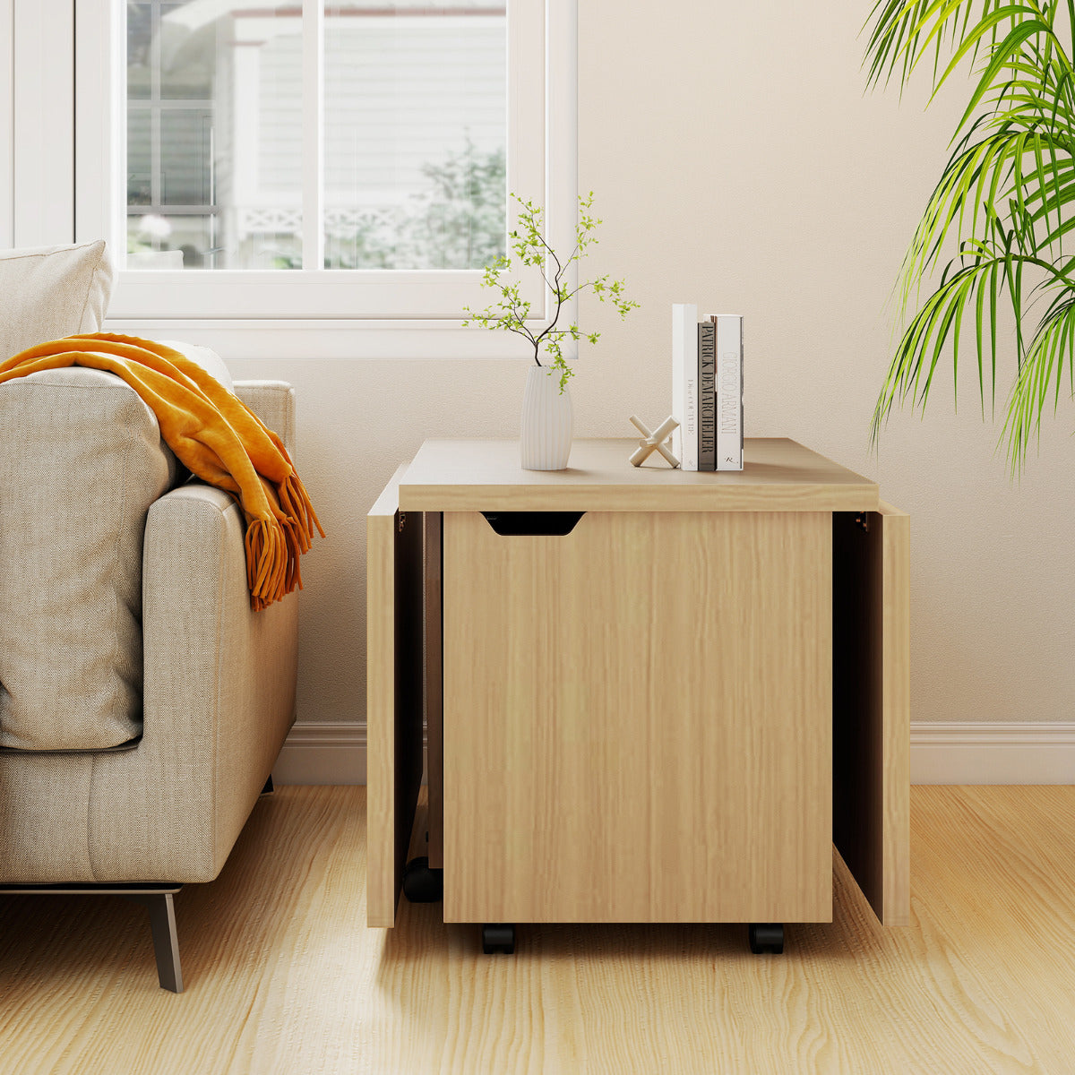 120cm Extendable and Foldable Coffee Table with Storage Cabinet and Wheels-Oak