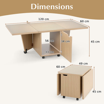 120cm Extendable and Foldable Coffee Table with Storage Cabinet and Wheels-Oak