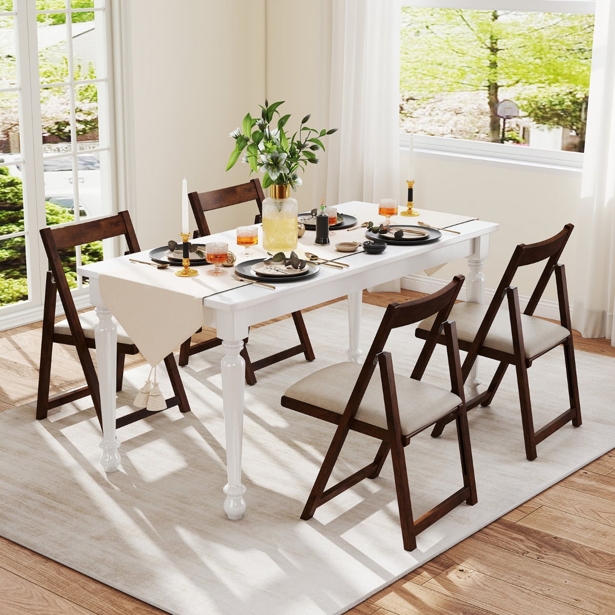 Foldable Dining Chair Set of 4 with Padded Seat and Curved Backrest-Walnut