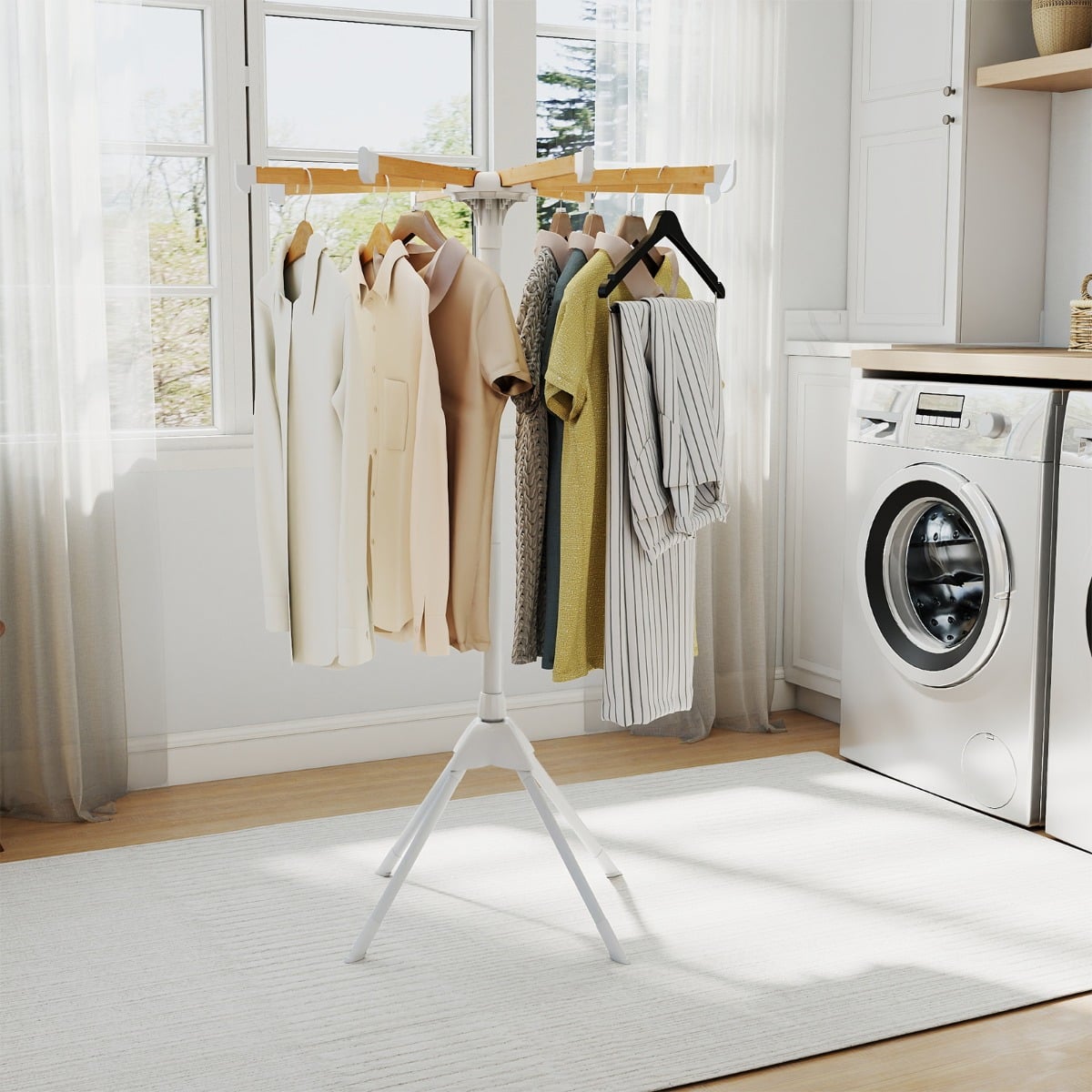 Foldable Laundry Drying Rack with 8 Bamboo Hanging Rods and 4-Legged Design