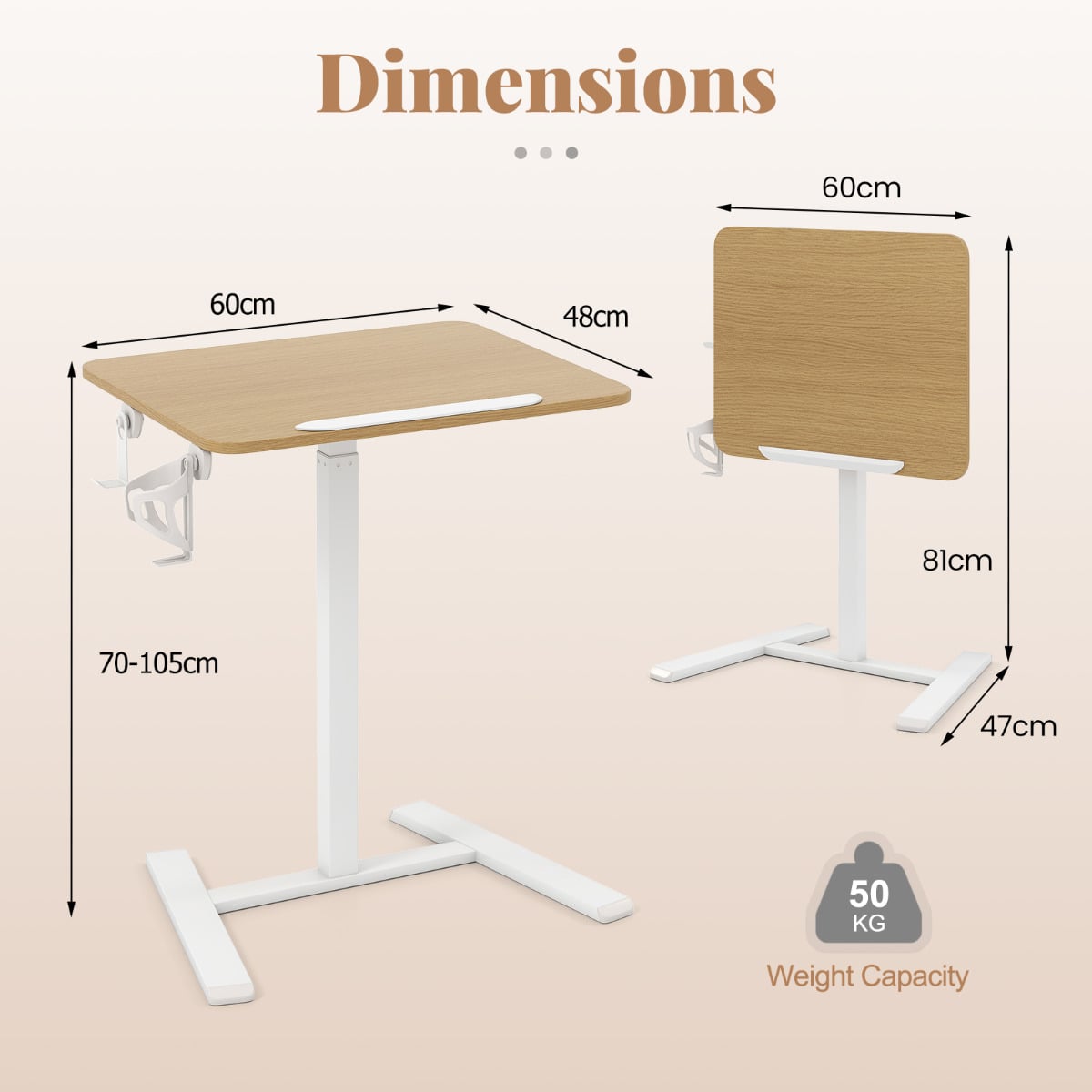Foldable Mobile Standing Desk Rolling Laptop Desk with 90° Tiltable Tabletop-Natural