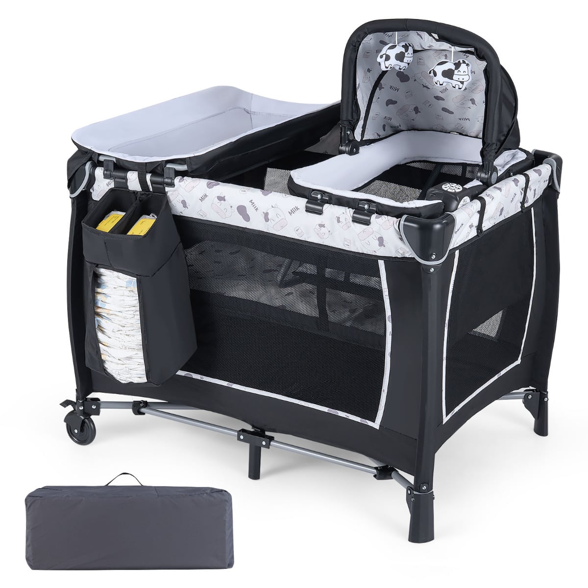 Foldable Pack and Play Portable Baby Playard with Rocking Bassinet and Diaper Changing Table-Beige