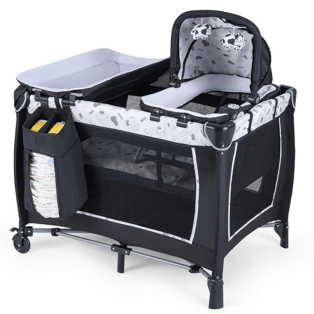Foldable Pack and Play Portable Baby Playard with Rocking Bassinet and Diaper Changing Table-Beige