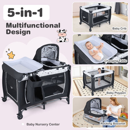 Foldable Pack and Play Portable Baby Playard with Rocking Bassinet and Diaper Changing Table-Beige