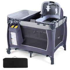 Foldable Pack and Play Portable Baby Playard with Rocking Bassinet and Diaper Changing Table-Black