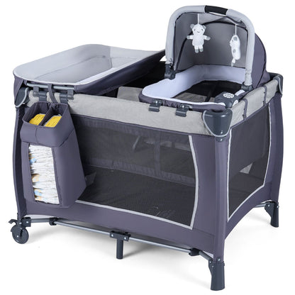 Foldable Pack and Play Portable Baby Playard with Rocking Bassinet and Diaper Changing Table-Black
