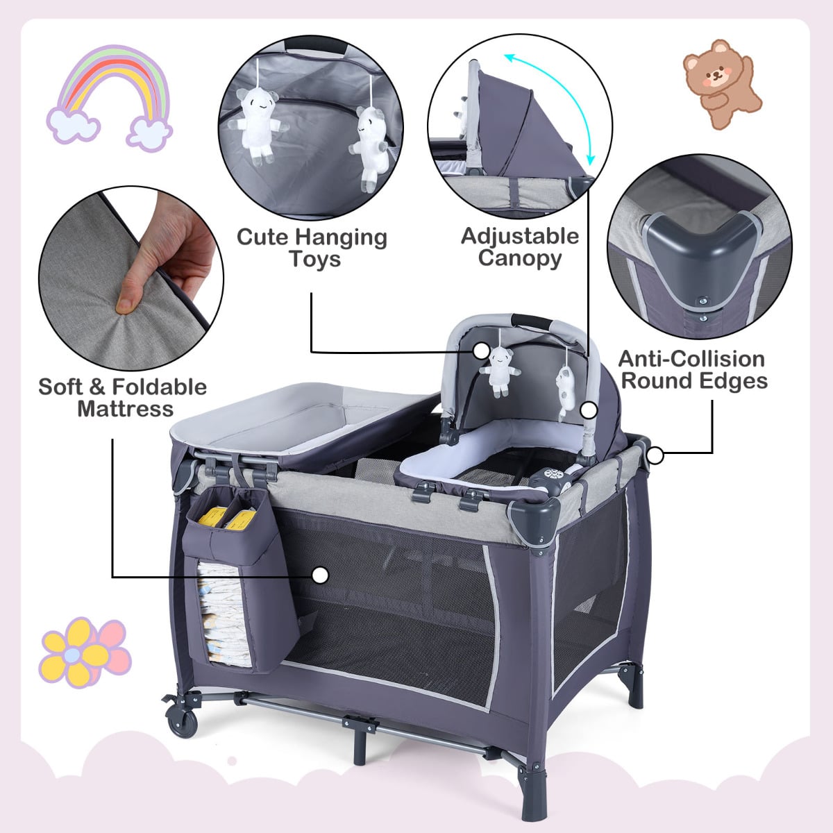 Foldable Pack and Play Portable Baby Playard with Rocking Bassinet and Diaper Changing Table-Black