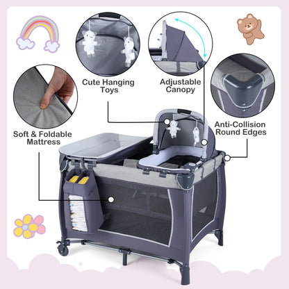 Foldable Pack and Play Portable Baby Playard with Rocking Bassinet and Diaper Changing Table-Black