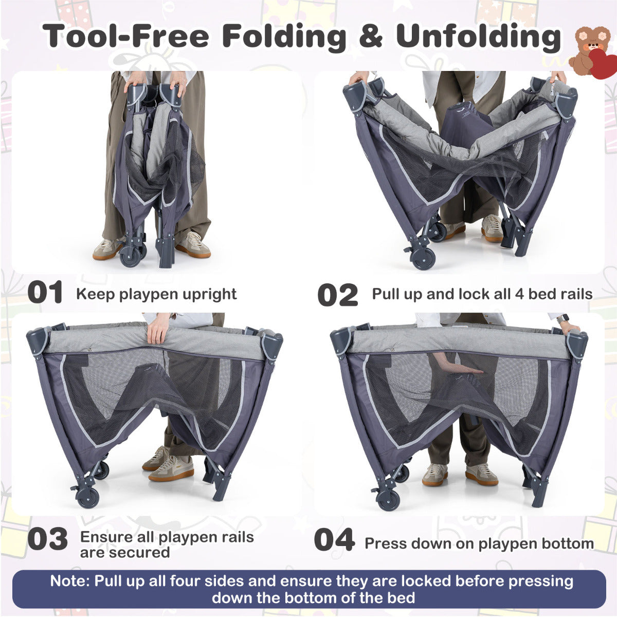 Foldable Pack and Play Portable Baby Playard with Rocking Bassinet and Diaper Changing Table-Black