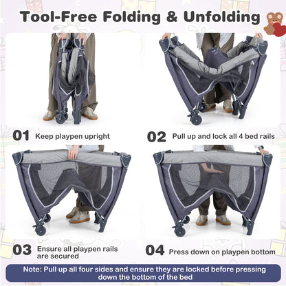 Foldable Pack and Play Portable Baby Playard with Rocking Bassinet and Diaper Changing Table-Black