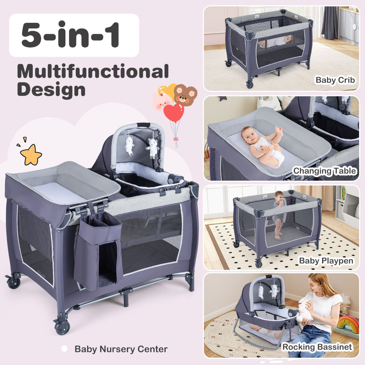 Foldable Pack and Play Portable Baby Playard with Rocking Bassinet and Diaper Changing Table-Black