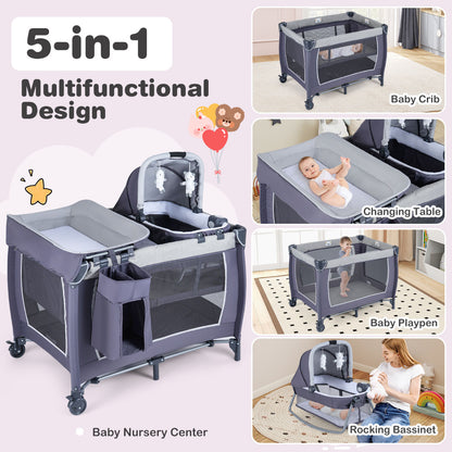 Foldable Pack and Play Portable Baby Playard with Rocking Bassinet and Diaper Changing Table-Black