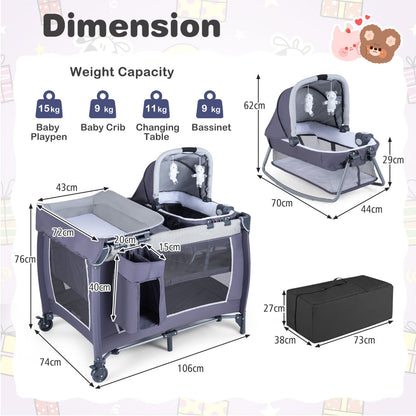 Foldable Pack and Play Portable Baby Playard with Rocking Bassinet and Diaper Changing Table-Black