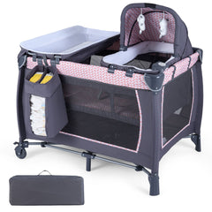 Foldable Pack and Play Portable Baby Playard with Rocking Bassinet and Diaper Changing Table-Light Pink
