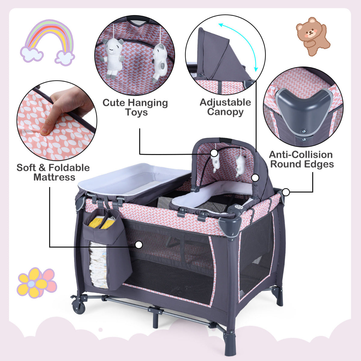 Foldable Pack and Play Portable Baby Playard with Rocking Bassinet and Diaper Changing Table-Light Pink