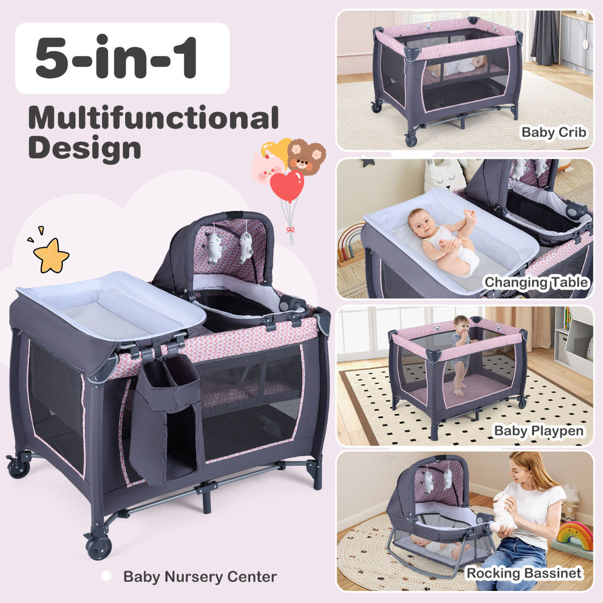 Foldable Pack and Play Portable Baby Playard with Rocking Bassinet and Diaper Changing Table-Light Pink