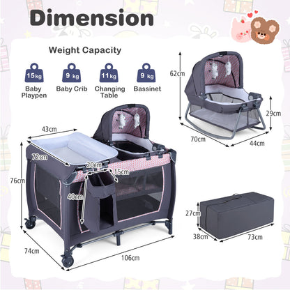 Foldable Pack and Play Portable Baby Playard with Rocking Bassinet and Diaper Changing Table-Light Pink
