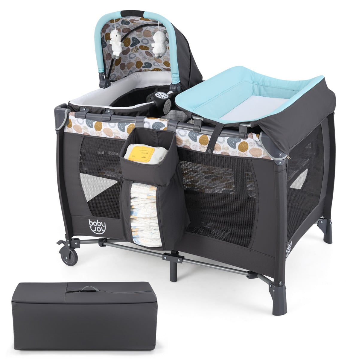 Foldable Pack and Play Portable Baby Playard with Rocking Bassinet and Diaper Changing Table-Blue