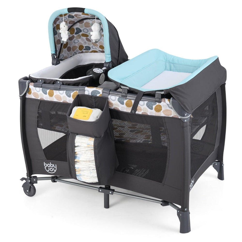Foldable Pack and Play Portable Baby Playard with Rocking Bassinet and Diaper Changing Table-Blue