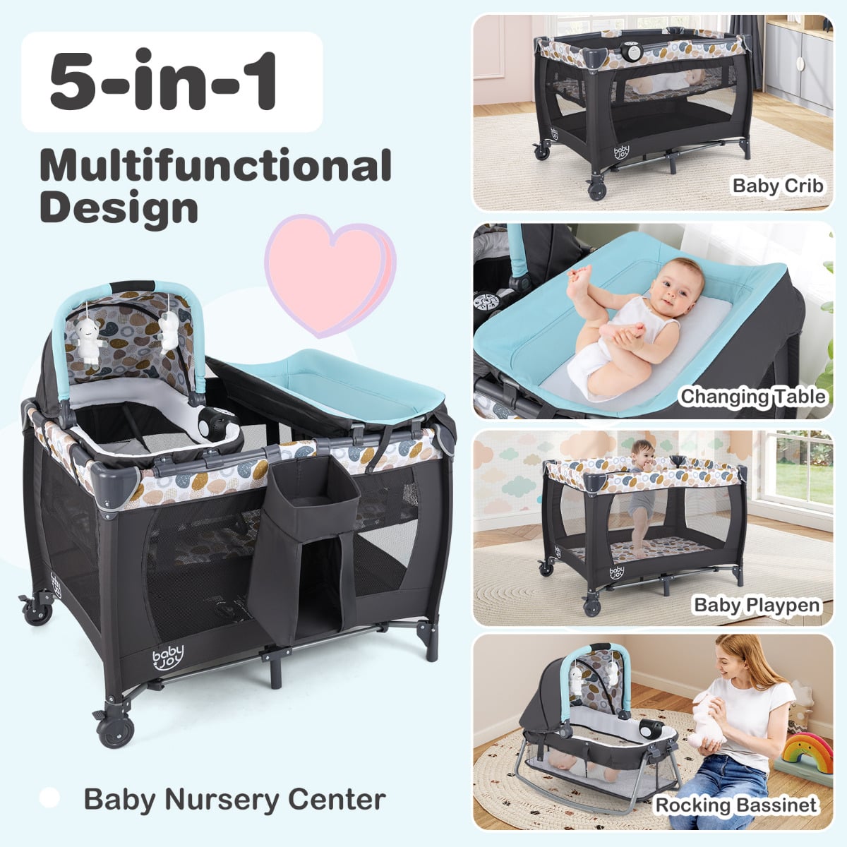 Foldable Pack and Play Portable Baby Playard with Rocking Bassinet and Diaper Changing Table-Blue
