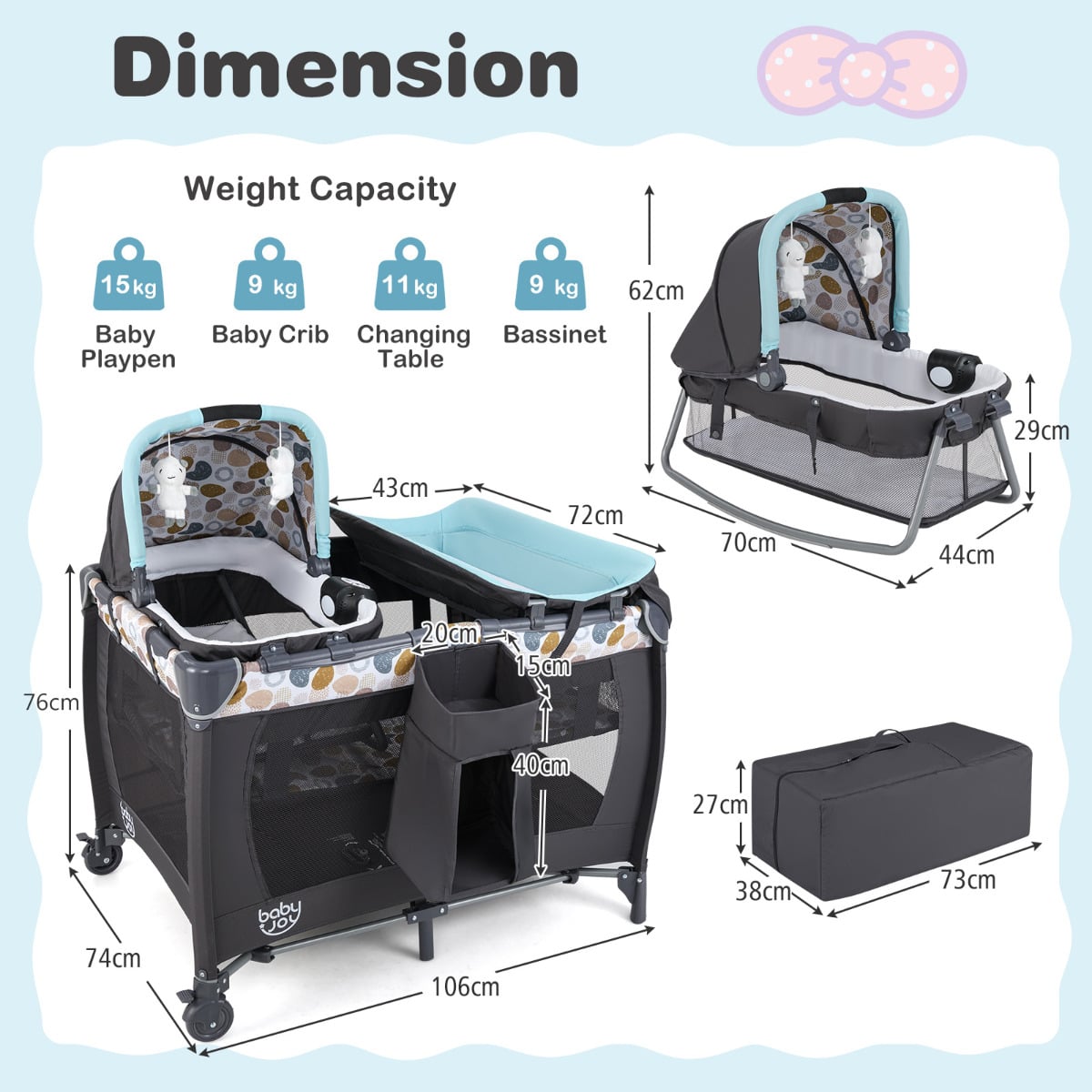 Foldable Pack and Play Portable Baby Playard with Rocking Bassinet and Diaper Changing Table-Blue