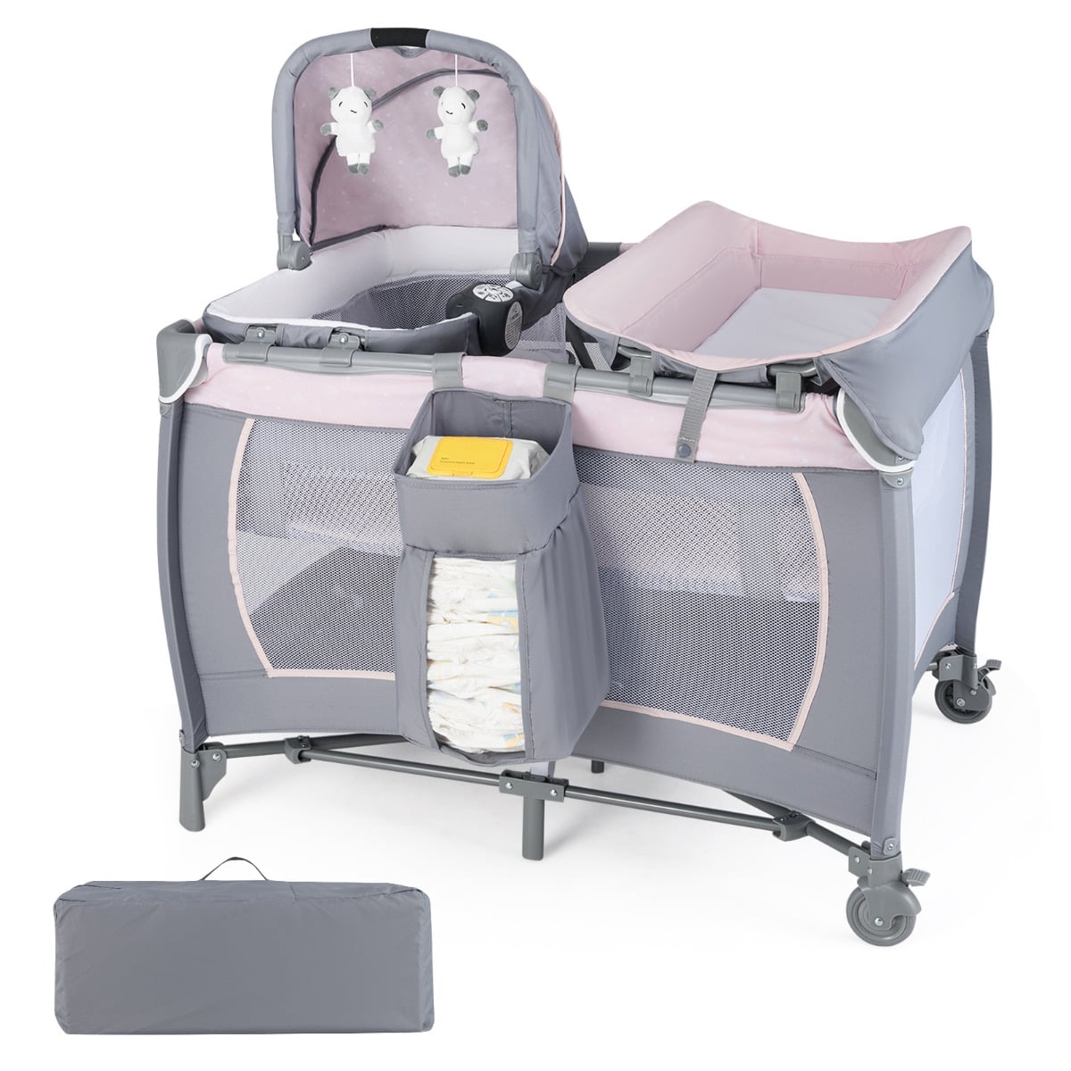 Foldable Pack and Play Portable Baby Playard with Rocking Bassinet and Diaper Changing Table-Pink & Grey