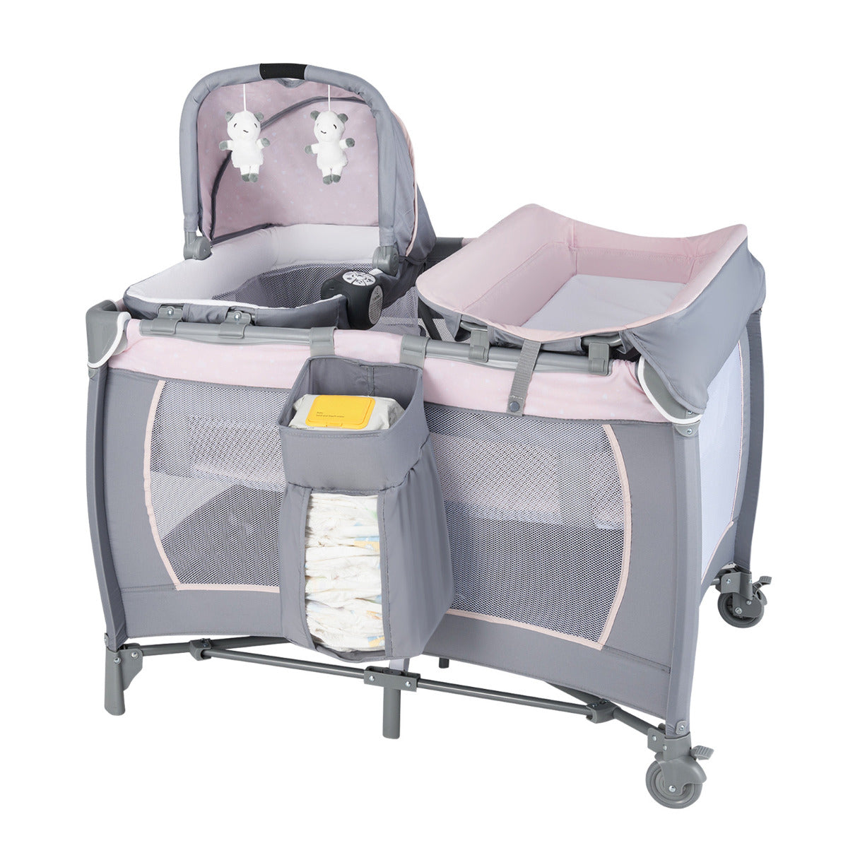 Foldable Pack and Play Portable Baby Playard with Rocking Bassinet and Diaper Changing Table-Pink & Grey