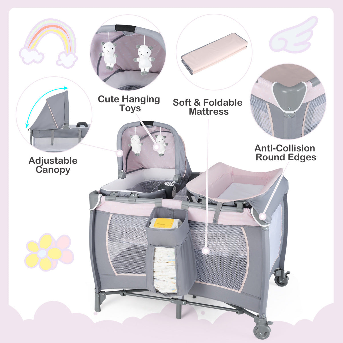 Foldable Pack and Play Portable Baby Playard with Rocking Bassinet and Diaper Changing Table-Pink & Grey