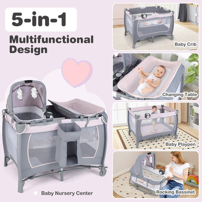 Foldable Pack and Play Portable Baby Playard with Rocking Bassinet and Diaper Changing Table-Pink & Grey