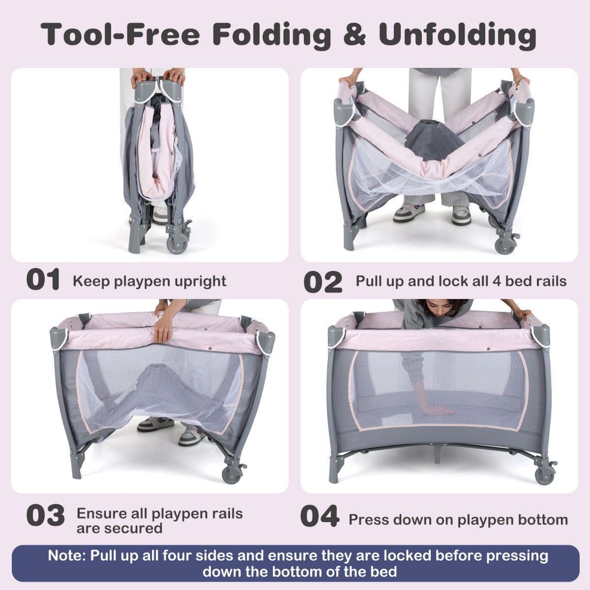 Foldable Pack and Play Portable Baby Playard with Rocking Bassinet and Diaper Changing Table-Pink & Grey