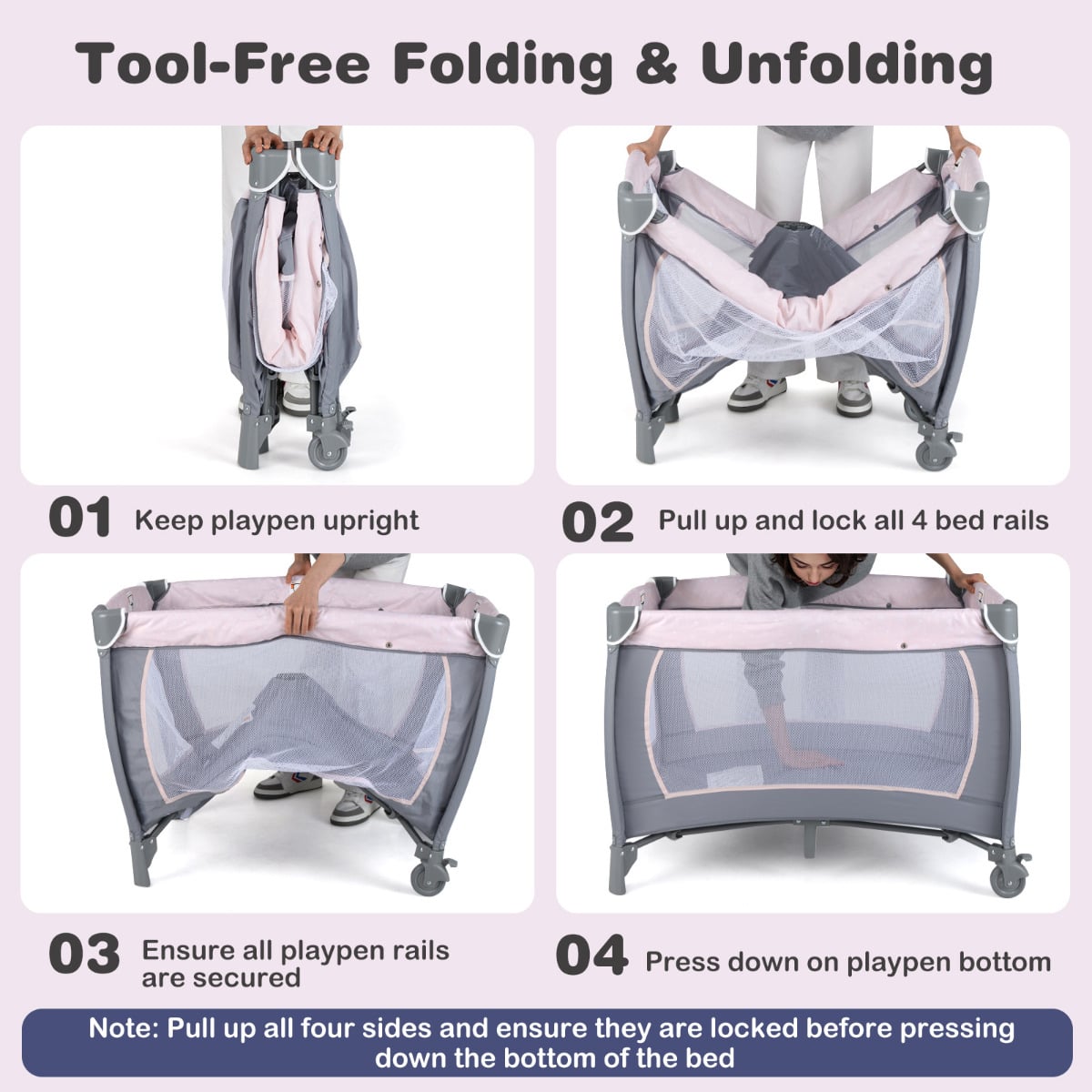 Foldable Pack and Play Portable Baby Playard with Rocking Bassinet and Diaper Changing Table-Pink & Grey
