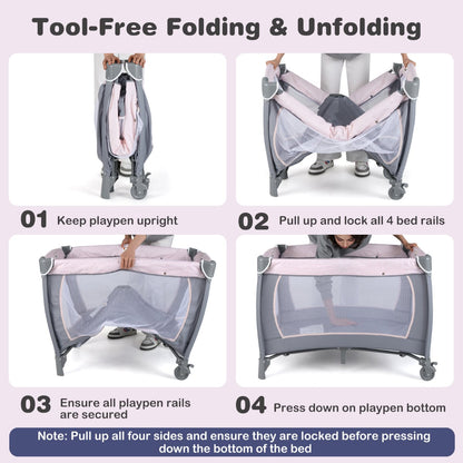 Foldable Pack and Play Portable Baby Playard with Rocking Bassinet and Diaper Changing Table-Pink & Grey