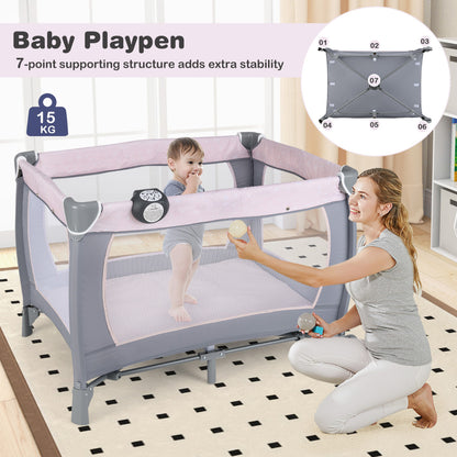 Foldable Pack and Play Portable Baby Playard with Rocking Bassinet and Diaper Changing Table-Pink & Grey