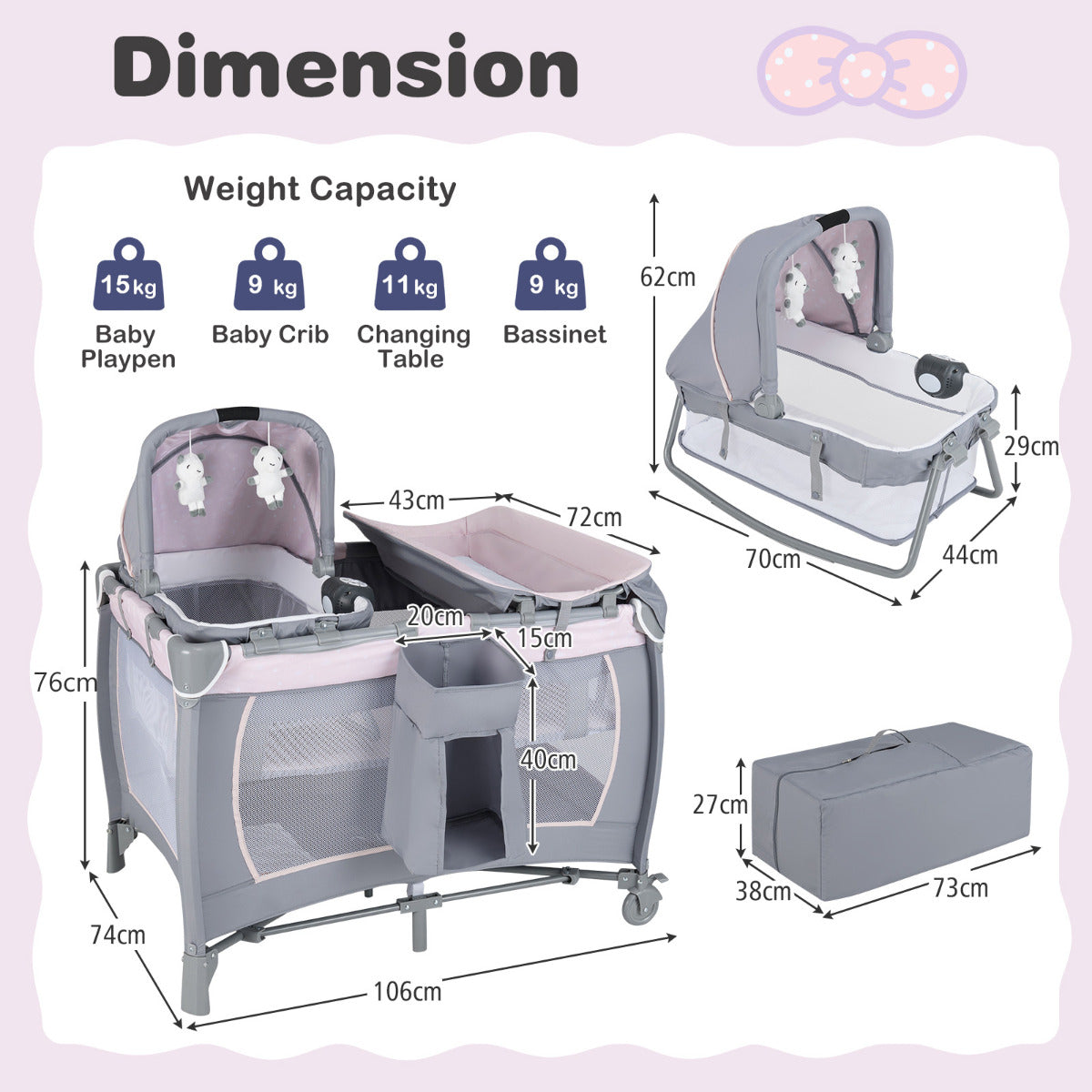 Foldable Pack and Play Portable Baby Playard with Rocking Bassinet and Diaper Changing Table-Pink & Grey