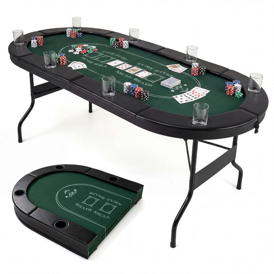 Foldable Poker Table 8 Player 182CM Oval No Assembly Required-Green