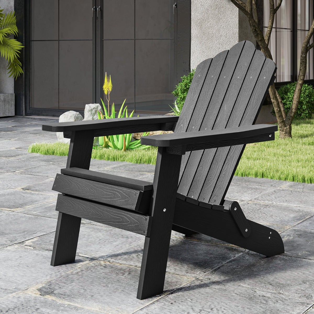 Folding Adirondack Chair with Wide Armrests and Inclined Backrest-Black
