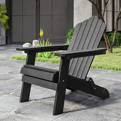 Folding Adirondack Chair with Wide Armrests and Inclined Backrest-Black